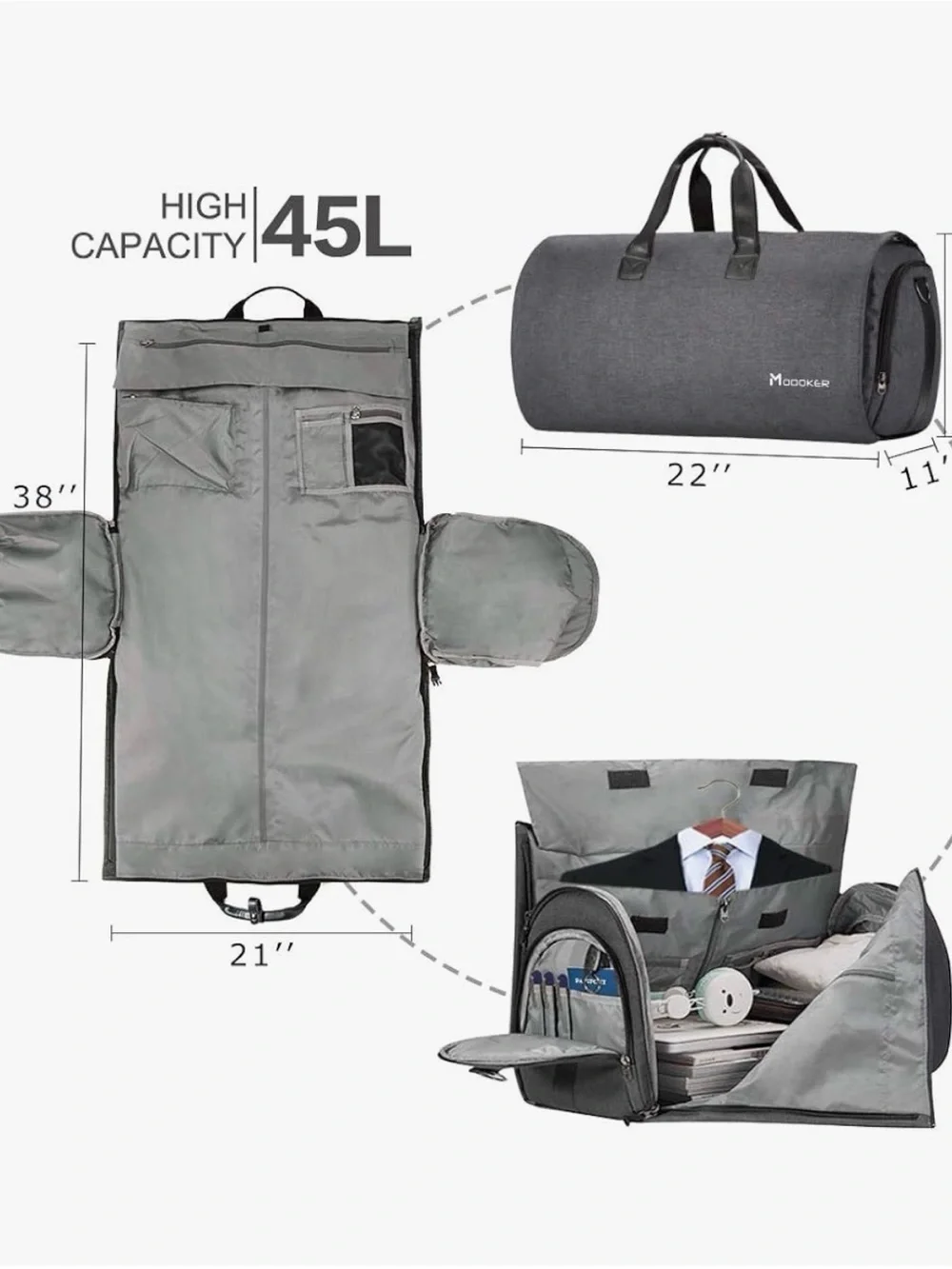 Gray 45L Travel Duffel & Garment Bag